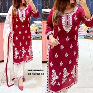 (M TO 2XL) Designer Chickenkari Embroidery Work Kurti With Pent And Dupatta/ Readymade Punjabi Dress