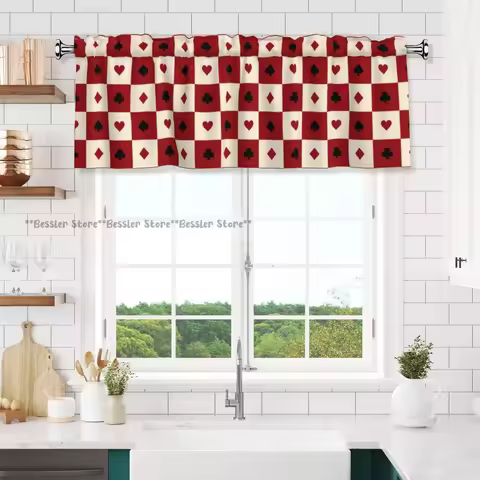 Short Curtain Valance For Kitchen Cafe Barrier Card Suits Chess Board Illustration Small Half Curtai