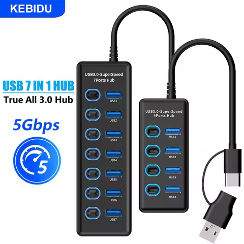 KEBIDU USB3.0 Type-C Hub 7-Port Splitter Switch 5Gbps High Speed USB Hub Adapter for Macbook Phone T