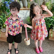 Boys Shirt Suit Baby Girl Sisters Brothers Sisters Seaside Beach Travel Floral Sling Dress 4.19