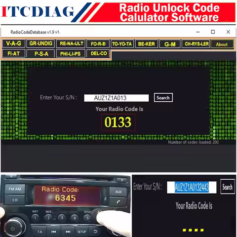 Radio Unlock Code Calulator for Radio Code Database V1.9 Software for PSA for Fiat for Audi for Toyo