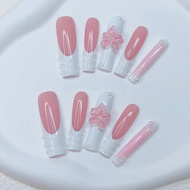 10pcs Extra Long Nails Y2K French Style & Versatile 3d Pearl Flower Powder And 3D Water Droplets Des