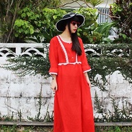 F722(Vintage)正紅色白色蕾絲滾邊棉質獨特長版長袖古著洋裝