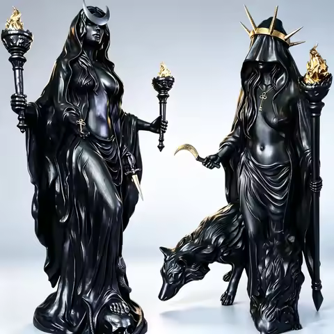 Hecate Goddess Resin Statue, Torch & Hound Goddess Figurine, Black Witch Sculpture,Desktop Halloween