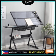 Drafting glass table drawing table drafting table adjustable with extra side table drawers