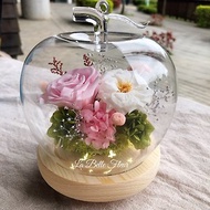 【蘋果永生花玻璃盅】粉色/夜燈/乾燥花/玻璃罩/生日禮物