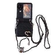 With Chain Casing N3Flip N2Flip 3in1 Glitter Heart Cover for OPPO Find N3 Flip N2 Flip With Lace Pho