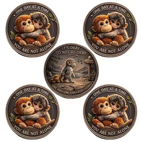 5pcs Cute Monkey Encouragement Challenge Coins Lucky Monkey One Day At A Time Commemorative Coin Par