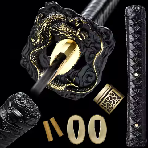 A Set Golden Dragon Tsuba+Menuki+Kashira+26CM Tsuka+Habaki+Seppa for Japanese Samurai Sword Katana/W