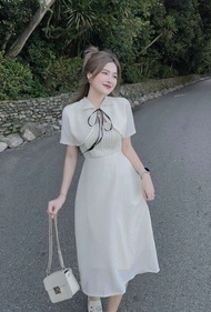 Đầm tiểu thư màu trắng chất vải voan hai lớp kèm áo khoác croptop tay ngắn cột dây nơ set váy xòe mi