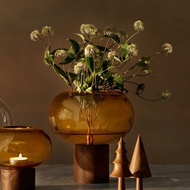 英國LSA | Oblate 橢圓花瓶 /附胡桃木底座/琥珀色/Ø19.5 x H21.