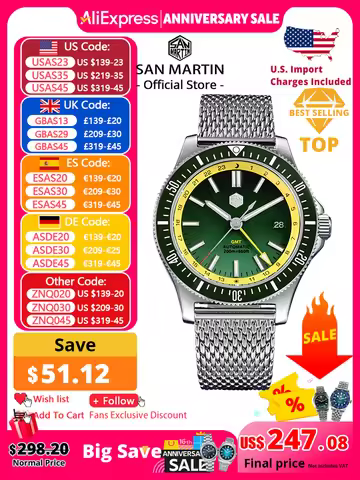 San Martin Original Design 41mm GMT Dive Watch NH34 Automatic Mechanical Quick Release Bracelet Wate