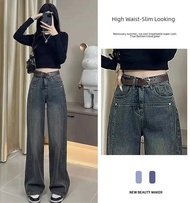 Women's Wide-Leg Jeans 2023 New Spring, Autumn and Winter Cement Gray Retro Slimming Loose High Waist Straight-Leg Shorts