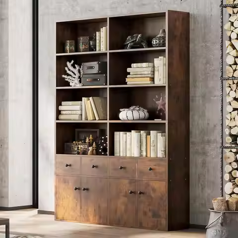 IRONCK 78.7" Bookcase with 4 Drawers and 4 Doors, Floor Standing Display Storage Shelves, 6 Tier Lar