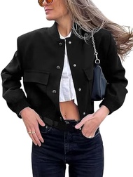 Women's Cropped Bomber Jacket Casual Long Sleeve Button Down Baseball Vasity Jacket with Pockets 202