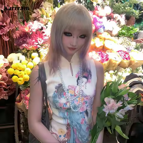 Karrram Japanese Y2k Ribbed Tank Top Fairycore Print Sleeveless Tops Vintage Harajuku Slim Tanktop 2