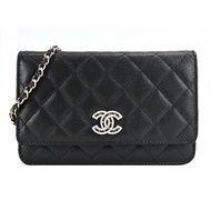 CHANEL 經典水鑽穿鍊LOGO菱格紋牛皮WOC手拿/斜背包 (黑色)/平行輸入