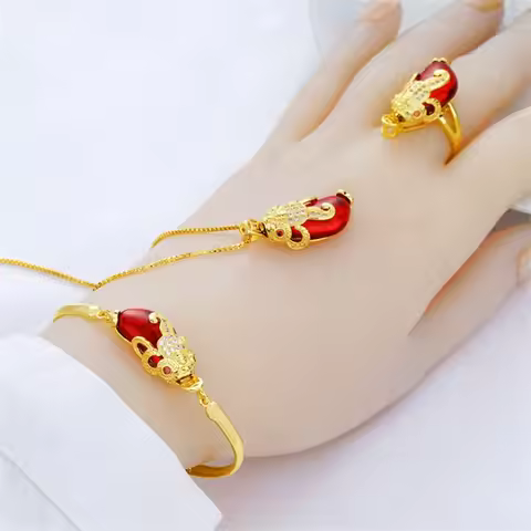 women’s ruby pixiu necklace bracelet ring set containing 24K pure gold AU999 stands out elegantly at