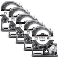 Compatible Tepra 12mm White Tepra PRO Tape Cartridge, set of 5, King Jim Tepra Tape SS12K White Labe