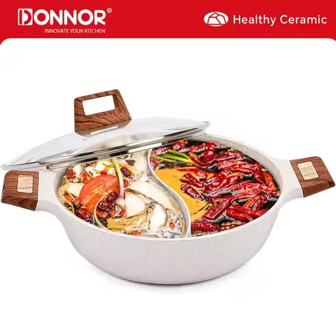 DONNOR 5QT Double-flavor Hot Pot with Divider Dual-Sided Shabu Shabu Pot Non-Stick Hotpot for Electr