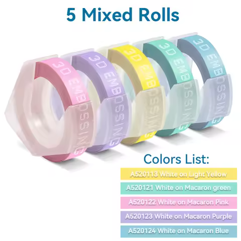 5Pack Mixed Colors 3D Embossing PVC Label Tape 9mm Compatible Dymo Manual label makers Motex E101 16