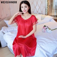 [MEG'S] READY STOCK Gaun Baju Tido Wanita Baju Tidur Perempuan Plus Size Satin Ice Silk Nightdress S
