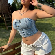 Plus Size Denim Crop Top With Padding, Casual Elastic Fitted Summer Vacation Woman 90s Spring For Wo