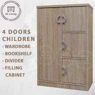 4 Doors Children Wardrobe / Hanging / Filling Cabinet / Divider / Kid Wardrobe / Almari Budak / Warna Kayu / Almari Baju Budak / Almari Pakaian Budak