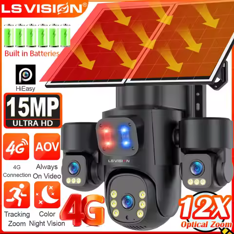 LS VISION AOV Solar Camera Outdoor Three Screen 12X Optical Zoom PTZ Home Security Cam 24/7 Recordin