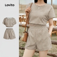 Lovito Chic Shorts for Women, Side Stripe, Light Khaki, Spring/Summer, L143ED539