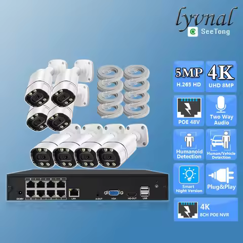 8pcs B910T Bullet 4K 8MP Security IP Camera POE With 20m Cable Two Way Audio IR/Color Night 8CH Plug