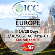 [ICC] Europe &amp; UK 14/28 Days 12GB|30GB|50GB 5G/4G SIM Card + Unlimited Call | Can call back Singapore (EU-C)