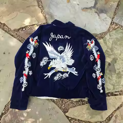 Vintage Japanese Sukajan Velvet Bomber Jacket Eagle Dragon Embroidery Navy Blue Souvenir Jacket Retr