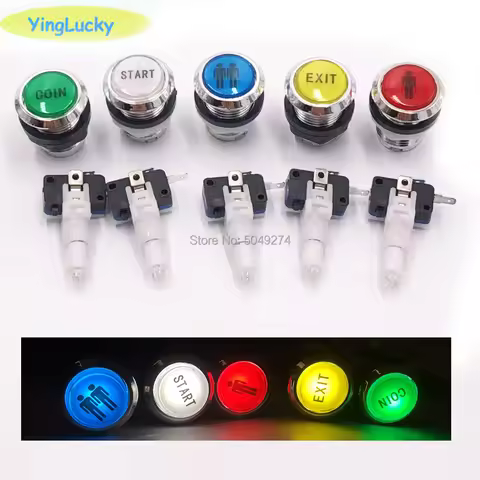 33mm Arcade Button 1P 2P Coin Style 12V LED Push Button with Microswitch for DIY Arcade Cabinet USB 
