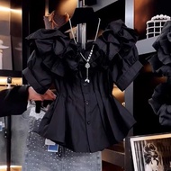 puff sleeve blouse puff sleeve nabora blouse French Design Niche - Black One Shoulder Puff Sleeve Wo