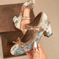 [MISS ROSIE]Women's Elegant Fashion High Heels Mary Jane Shoes T-Strap Round Toe Low Vamp Chunky Hee