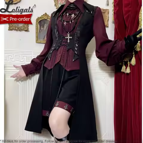 Retro Gothic Ouji Lolita Long Vest / Medieval Straight Shorts / Wine Red Shirt ~Red and Black 4.0 by