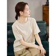 Gujia Han Linen Blend Lace Collar Short Sleeve T-shirt - Stylish and Versatile Fit