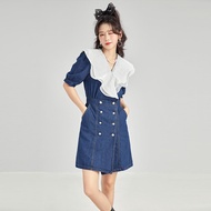 OneT คอวี ดีไซน์ Sensation เอวเฉดม เดนิม กระโปรง ผู้หญิง ฤดูร้อน ชุดเดรสแฟชั่นใหม่ ผ้าฝ้าย เอวสูง ทร