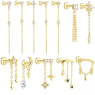 RODREASON Chain Tassel Rhinestone Geometric Star Cartilage Earring, Flat Back Threaded Piercing Stud