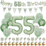 28Pcs Eucalyptus Leaves Birthday Party Balloon Set, Age 55 and Others,Number Balloon, Banner, Cake T
