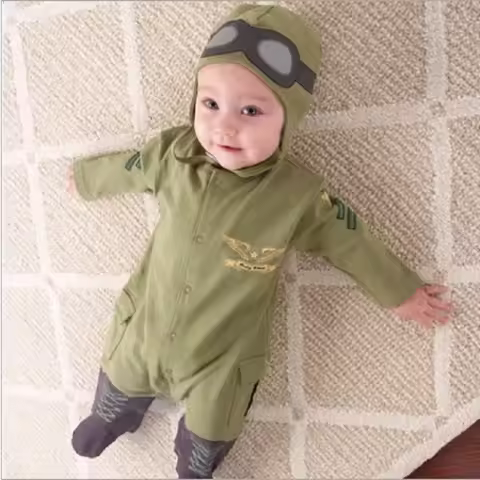 Army Green Baby Rompers Pilot Airman Costumes Baby Boy Clothes Hat Space Jumpsuit + Cap Fly Aviator'