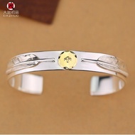 Dazhuo Handmade Takahashi Goro Goros Double Feather Gold Point Flat Bracelet 950 Sterling Silver Men