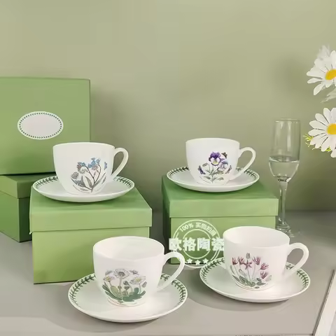European style coffee cups and plates, Porter's Botanical Garden series bone china cups and plates, 