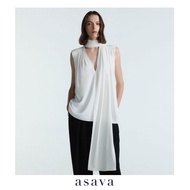 [asava aw25] Cecelia Gathered Scarf-Collar Blouse เสื้อผู้หญิง แขนกุด คอวี แต่งผ้าพันคอยาว แต่งดีเทล