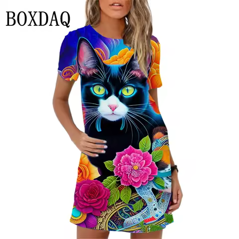 Sweet Cartoon Cat Print Women Dresses Funny Cute Floral Short Sleeve O-Neck Loose Mini Dress 2023 Su
