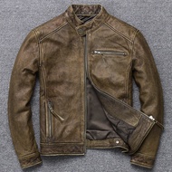 Jaket Kulit Lelaki Lembu Kulit Lembu Sebenar untuk Lelaki Jaket Lengan Panjang Pendek Vintage Moto &amp; Biker Slim 2020 Spring Pakaian 094