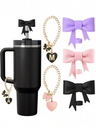 2pcs/Set 1 Silicone Bow Straw Lid And 1 Letter Heart Butterfly Cup Marker Set, Fits 30-40 Oz Cups, 9