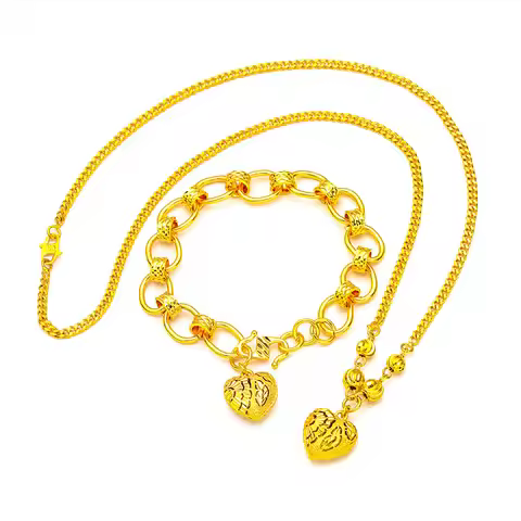 24K Gold Heart Necklace & Bracelet Set | AU999 Pure Gold, 3D heart design, shiny finish, romantic fo