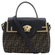 Pre-owned FENDI La Medusa Zucca handbag by Versace. Two-way shoulder bag in nylon canvas and leather